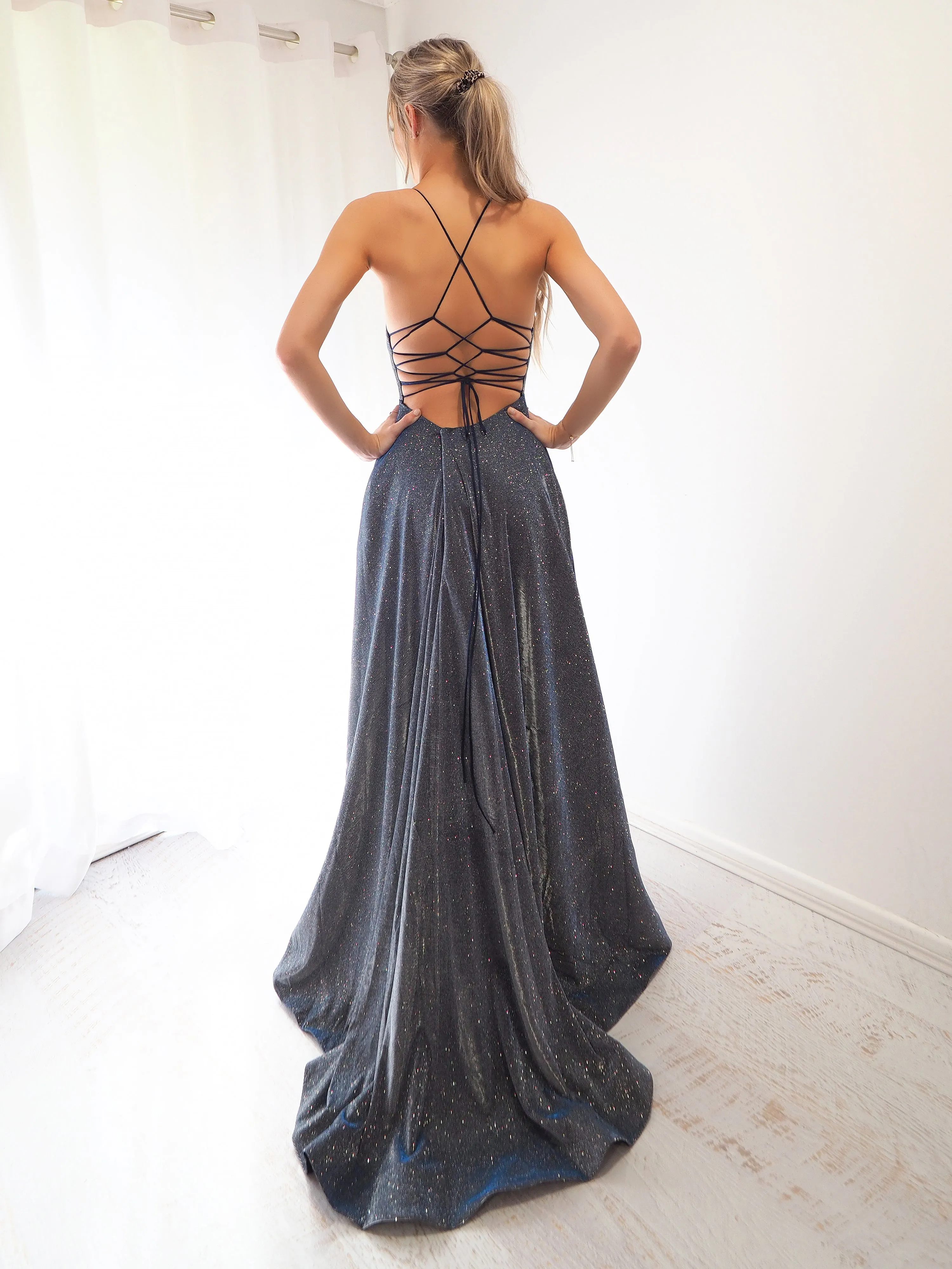 Sparkling holographic electrifying blue dress with slit