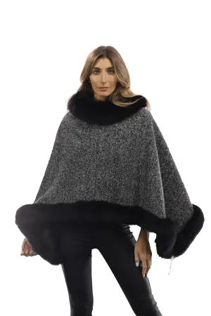 Tweed Poncho with Fur Trim - Dark Grey