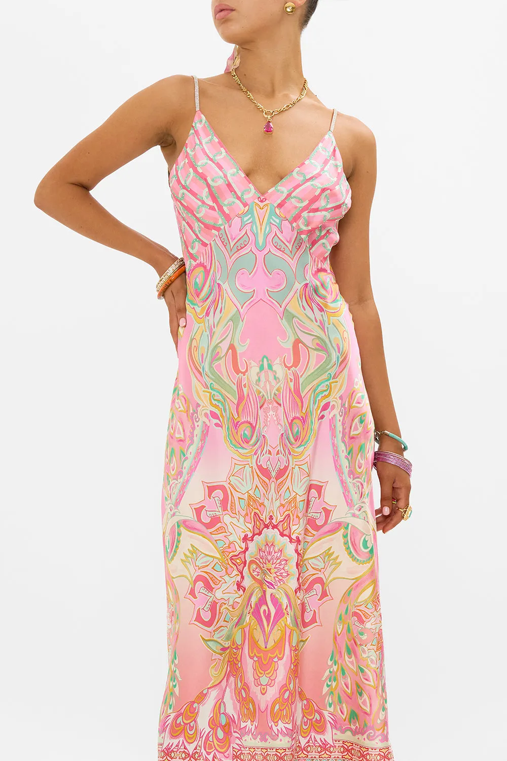 V NECK BIAS SLIP TEA WITH TUSCHINSKI