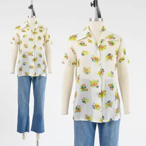 Vintage 70s White Floral Shirt Retro Sheer Voile Dagger Collared Blouse size XS S
