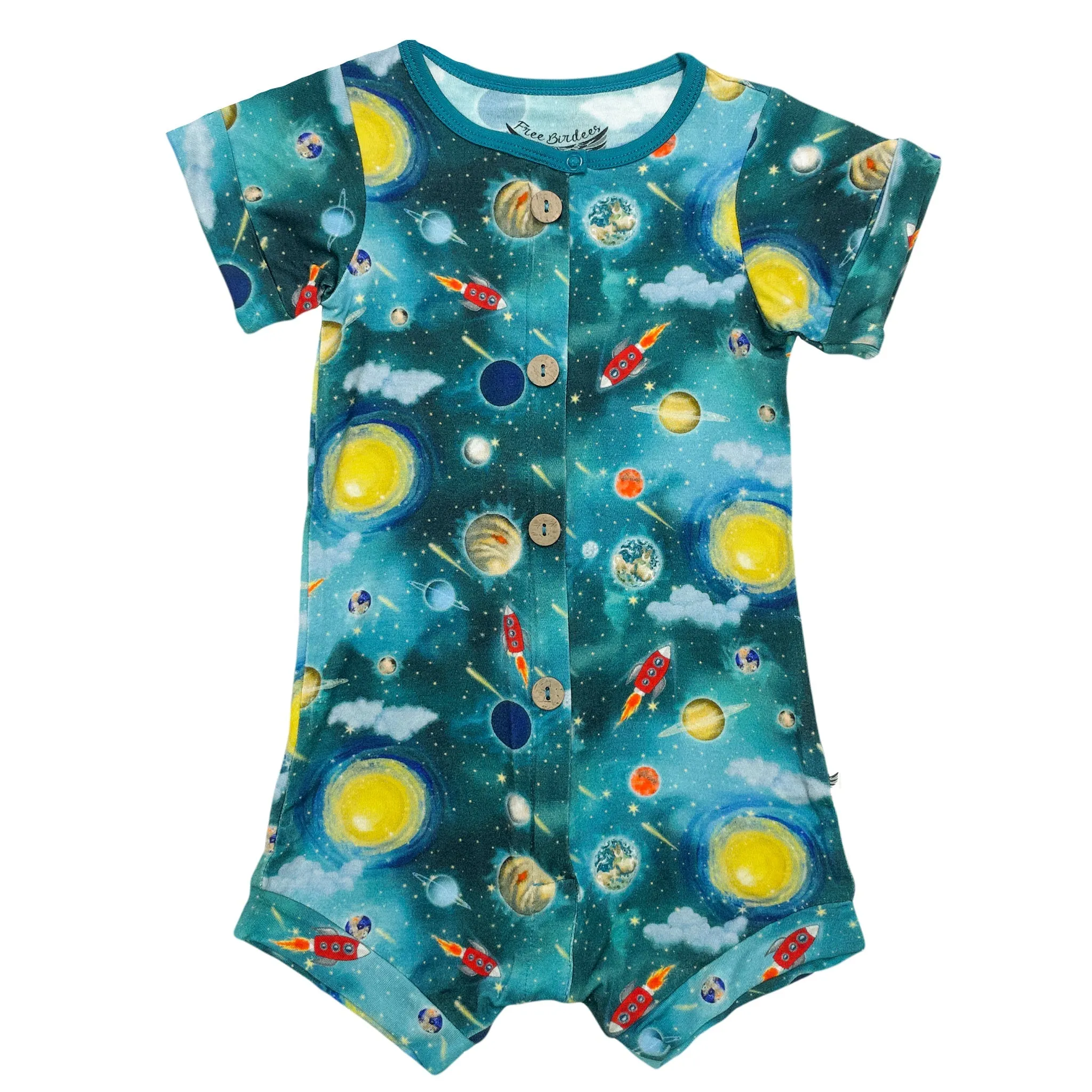 Vroom to the Planets Short Two-Way Zippy Romper with Faux Buttons (0-3T)