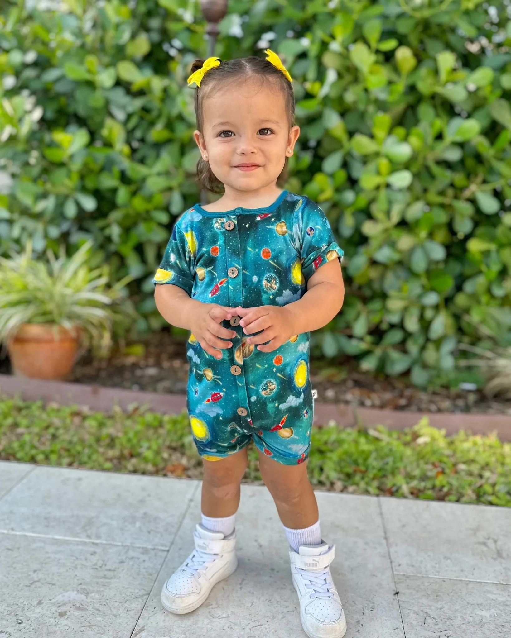 Vroom to the Planets Short Two-Way Zippy Romper with Faux Buttons (0-3T)