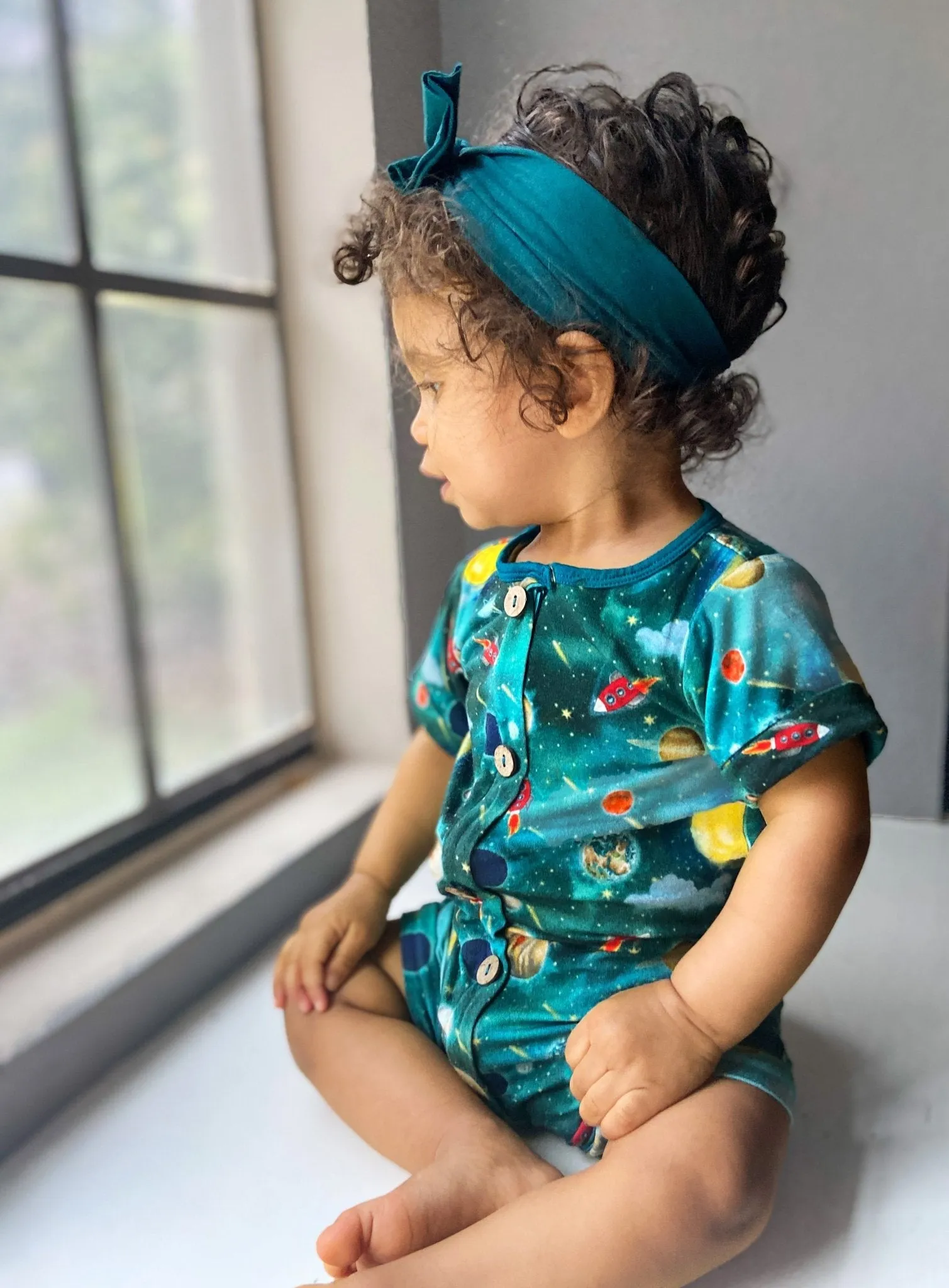 Vroom to the Planets Short Two-Way Zippy Romper with Faux Buttons (0-3T)
