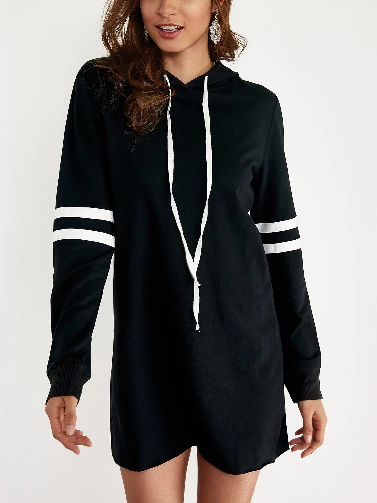 Wholesale Black Long Sleeve Stripe Hooded Lace-Up Shirt Dresses