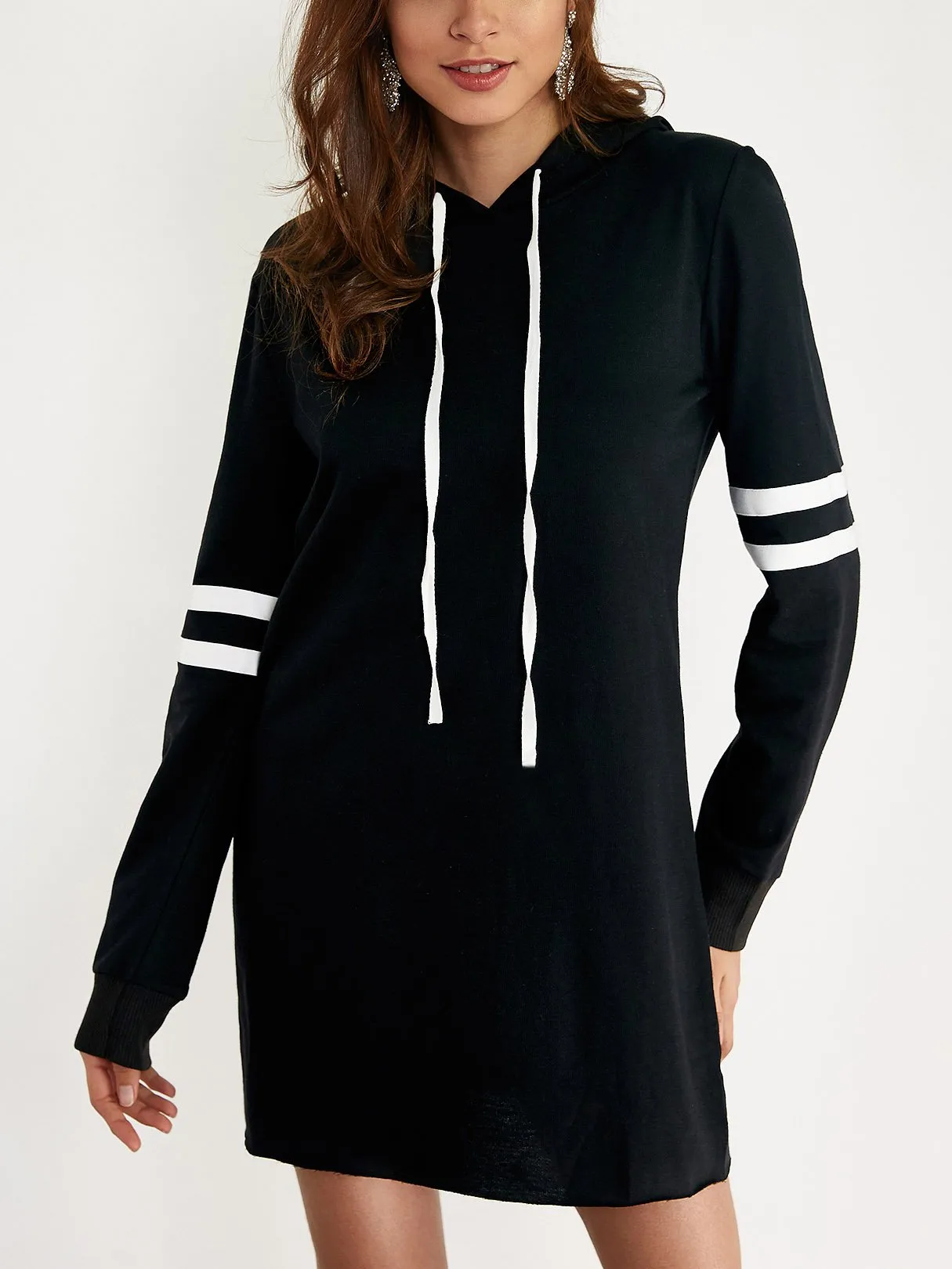 Wholesale Black Long Sleeve Stripe Hooded Lace-Up Shirt Dresses