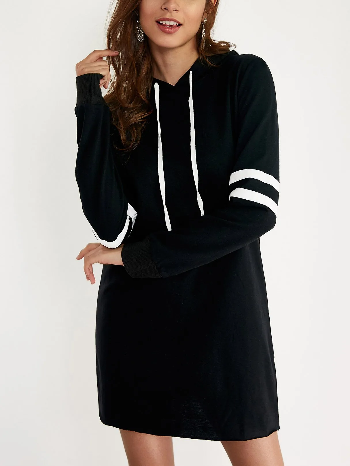 Wholesale Black Long Sleeve Stripe Hooded Lace-Up Shirt Dresses