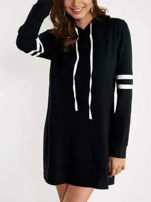 Wholesale Black Long Sleeve Stripe Hooded Lace-Up Shirt Dresses