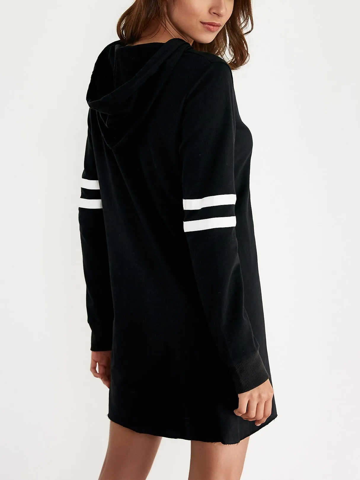 Wholesale Black Long Sleeve Stripe Hooded Lace-Up Shirt Dresses