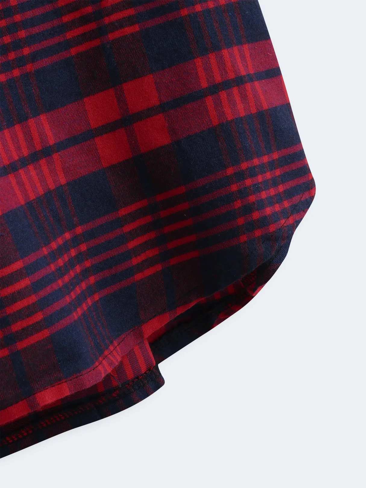 Wholesale Red V-Neck Long Sleeve Grid Side Pockets Curved Hem Shirt Dresses