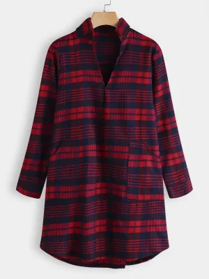 Wholesale Red V-Neck Long Sleeve Grid Side Pockets Curved Hem Shirt Dresses