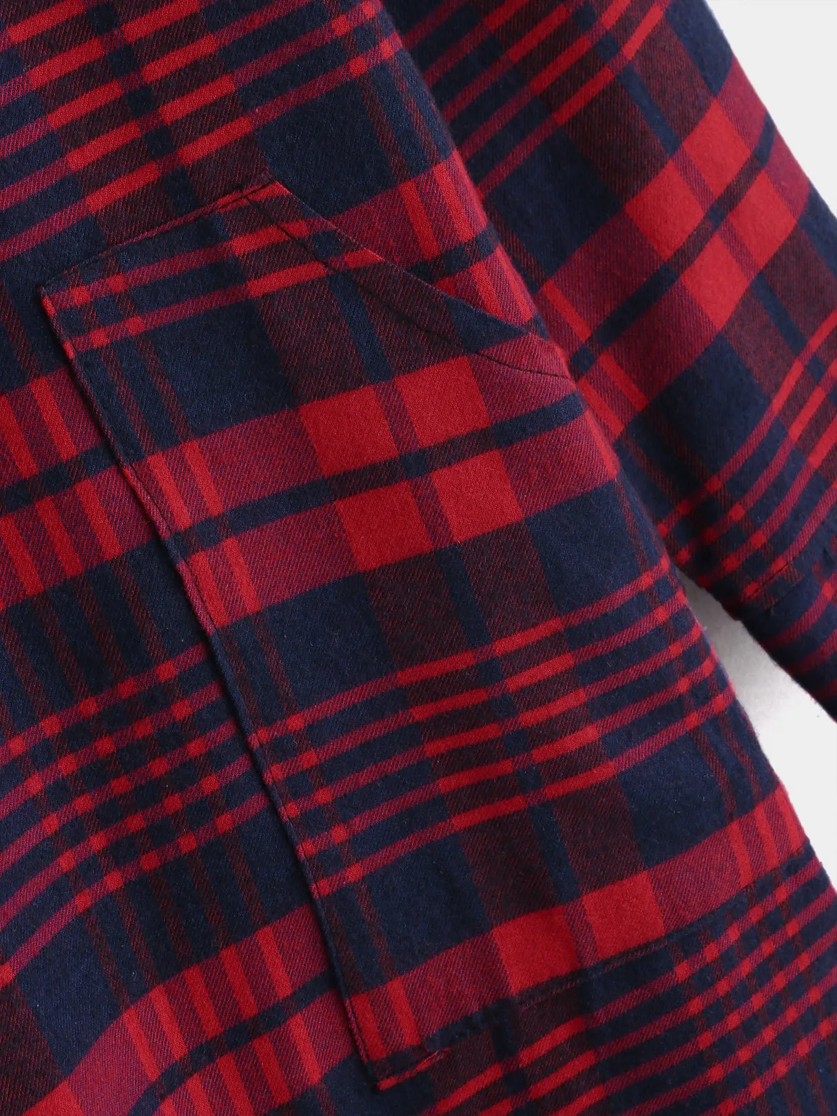 Wholesale Red V-Neck Long Sleeve Grid Side Pockets Curved Hem Shirt Dresses