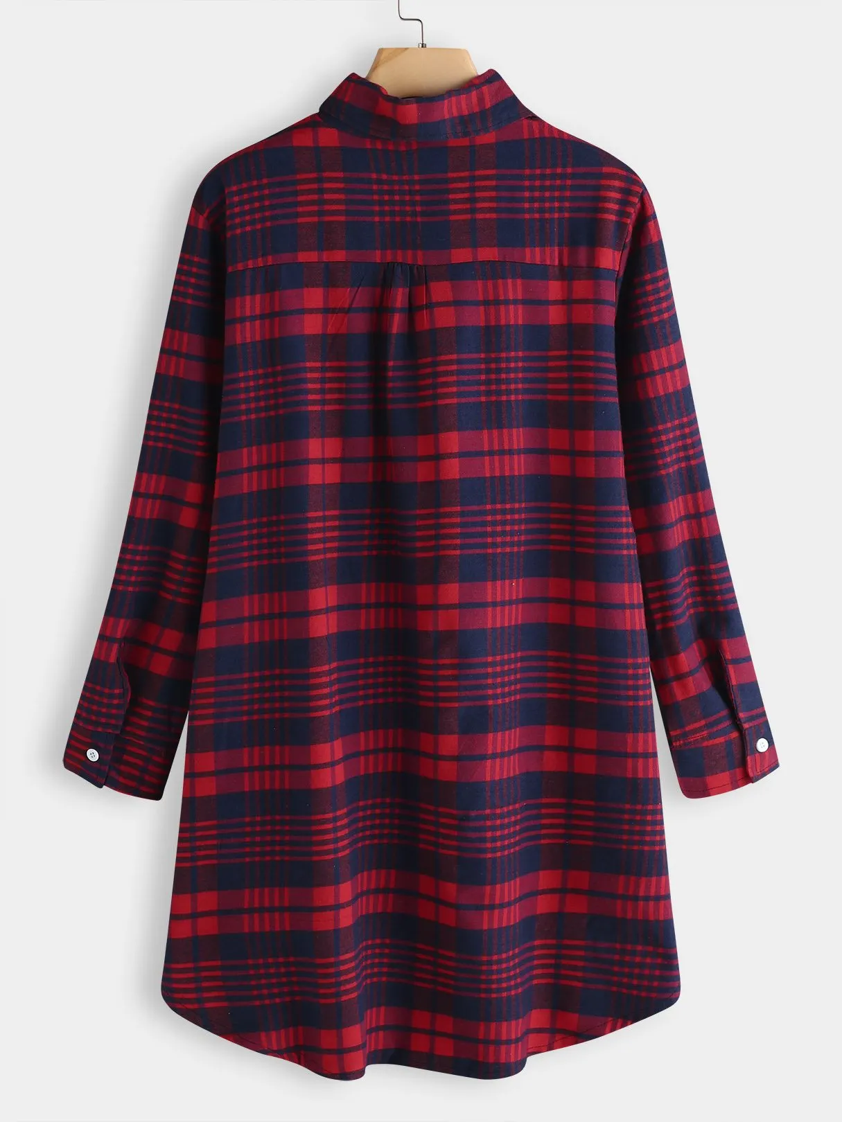 Wholesale Red V-Neck Long Sleeve Grid Side Pockets Curved Hem Shirt Dresses