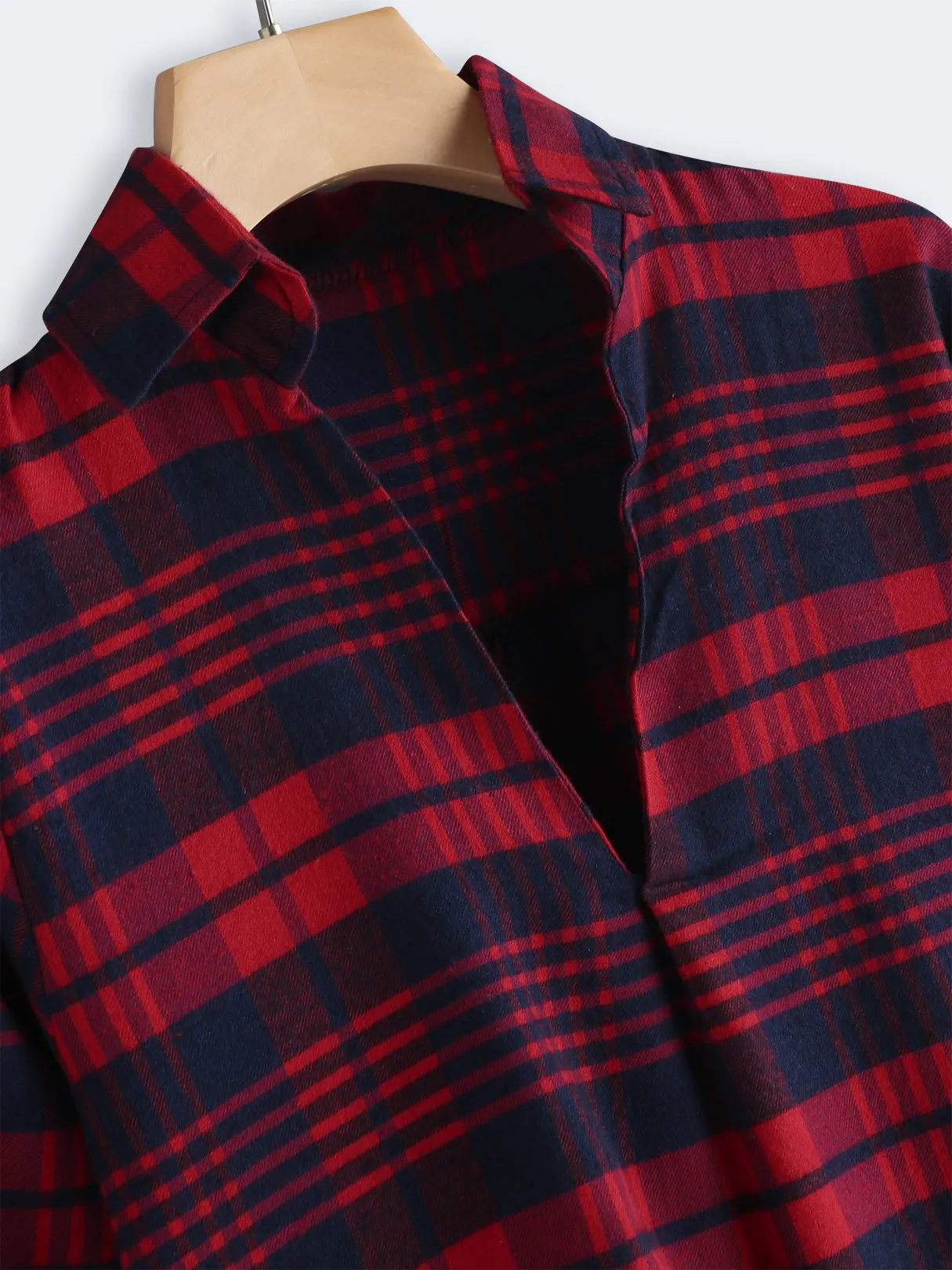 Wholesale Red V-Neck Long Sleeve Grid Side Pockets Curved Hem Shirt Dresses