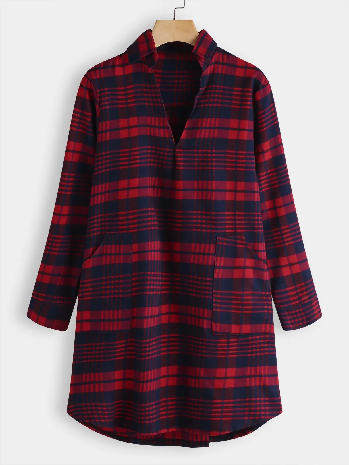 Wholesale Red V-Neck Long Sleeve Grid Side Pockets Curved Hem Shirt Dresses