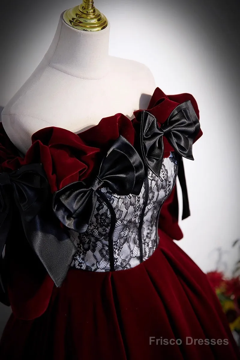 Wine Red Velvet Off Shoulder Party Dress With Bow, Wine Red Velvet Long Prom Dress