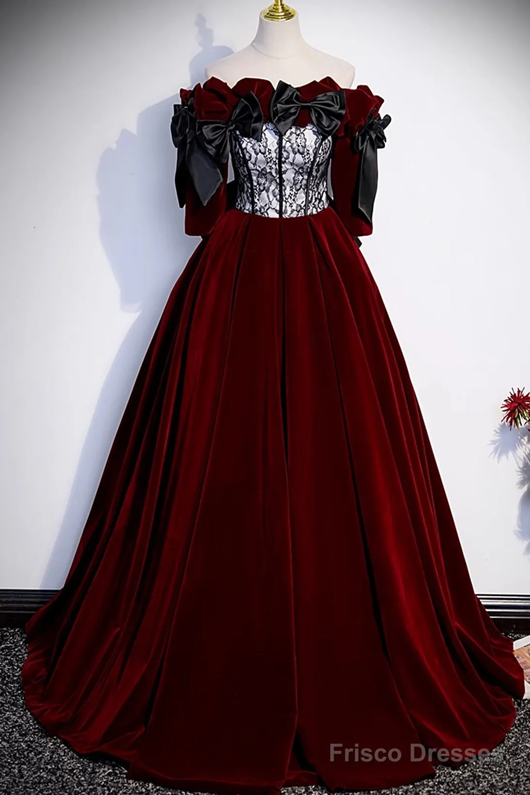 Wine Red Velvet Off Shoulder Party Dress With Bow, Wine Red Velvet Long Prom Dress