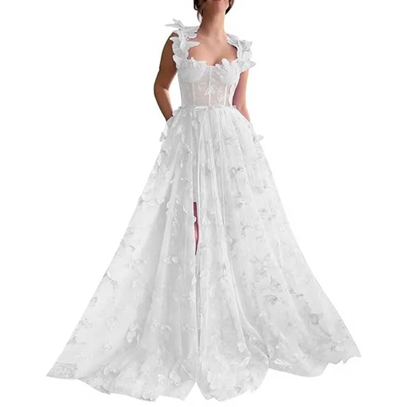 Women A Line Square Neck 3D Lace Appliqued Tulle Long Prom Evening Dress