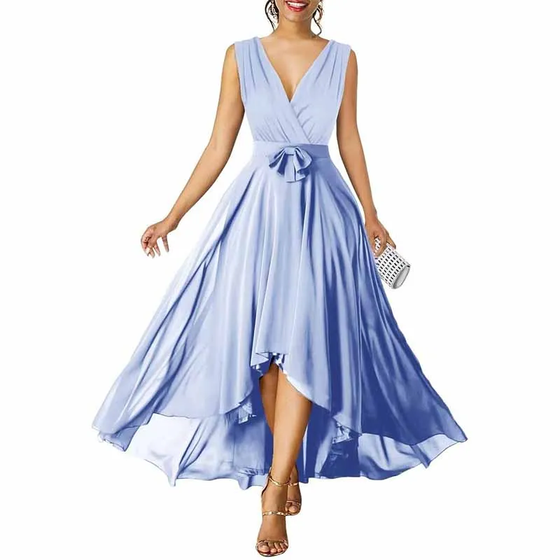 Women Chiffon Bridesmaid Dresses V Neck High Low Prom Evening Gown