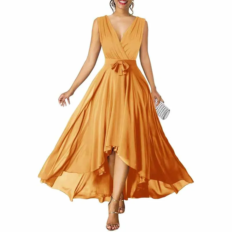 Women Chiffon Bridesmaid Dresses V Neck High Low Prom Evening Gown