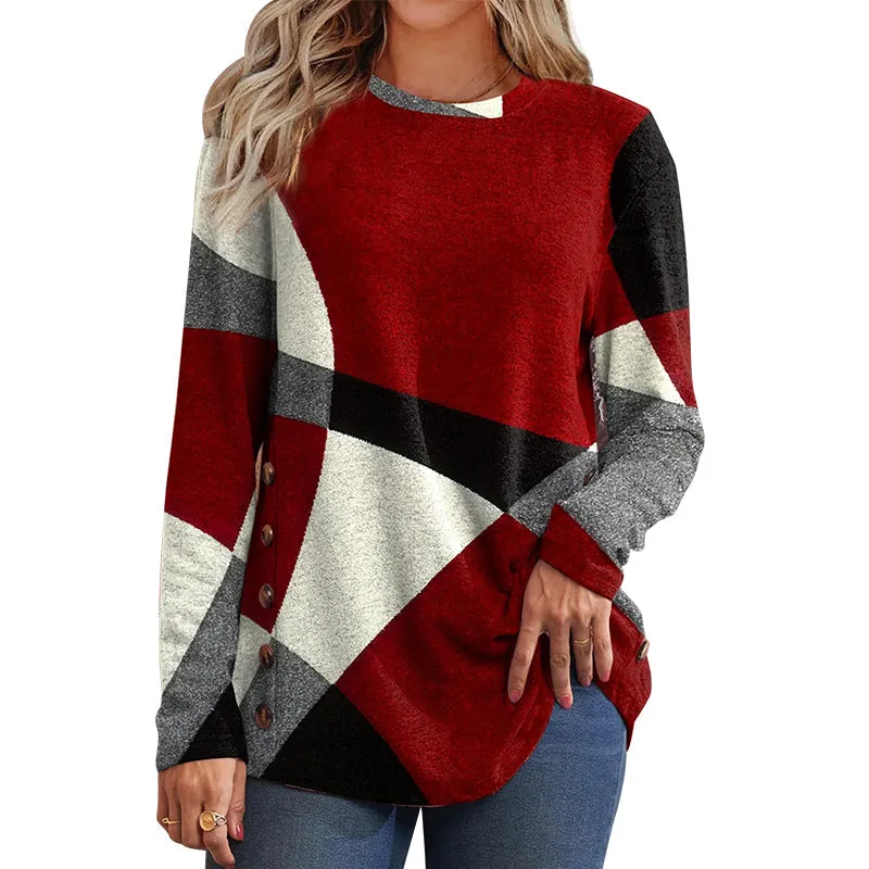 Women's Button Geometric Contrast Color Long-sleeved Printed Loose T-shirt