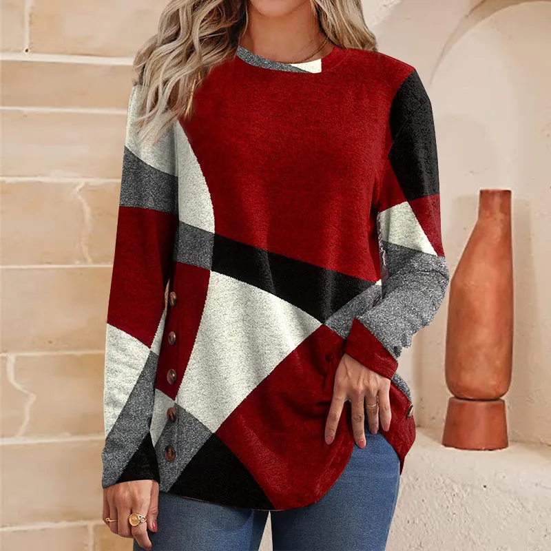 Women's Button Geometric Contrast Color Long-sleeved Printed Loose T-shirt