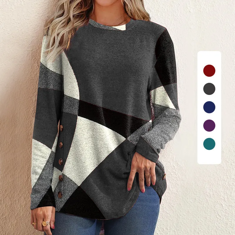 Women's Button Geometric Contrast Color Long-sleeved Printed Loose T-shirt