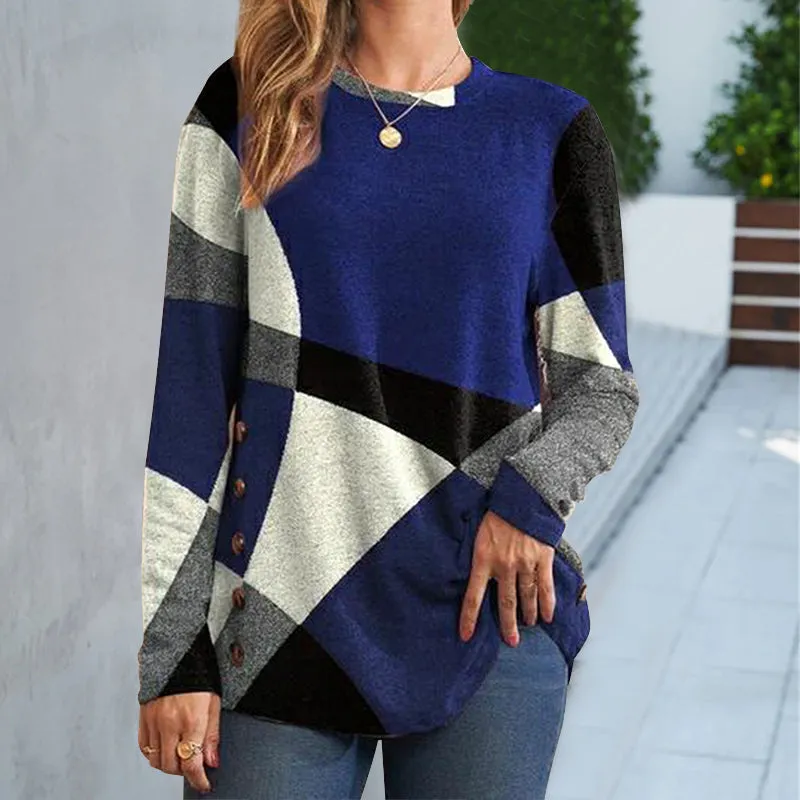 Women's Button Geometric Contrast Color Long-sleeved Printed Loose T-shirt
