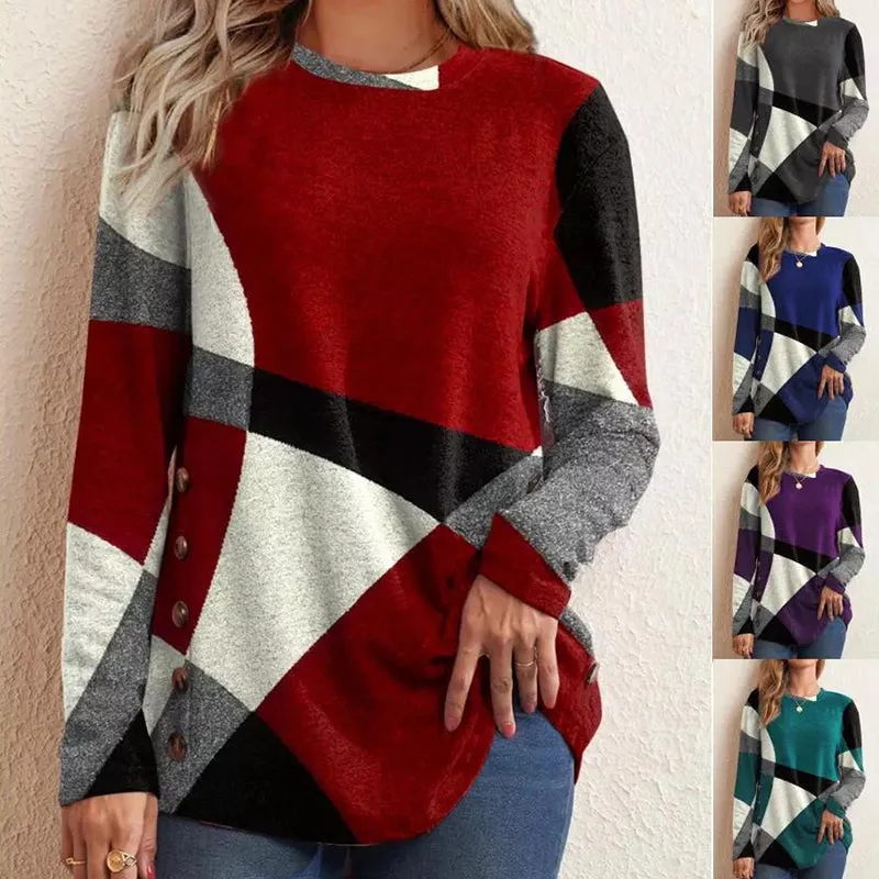 Women's Button Geometric Contrast Color Long-sleeved Printed Loose T-shirt