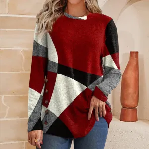 Women's Button Geometric Contrast Color Long-sleeved Printed Loose T-shirt