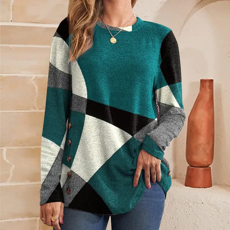 Women's Button Geometric Contrast Color Long-sleeved Printed Loose T-shirt