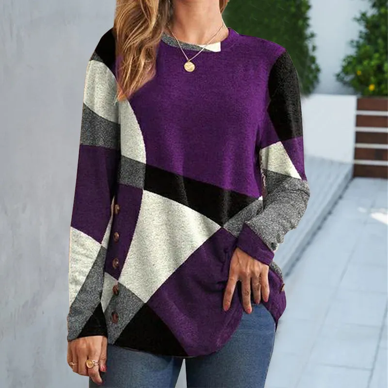 Women's Button Geometric Contrast Color Long-sleeved Printed Loose T-shirt