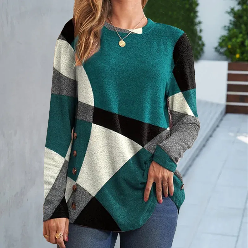 Women's Button Geometric Contrast Color Long-sleeved Printed Loose T-shirt