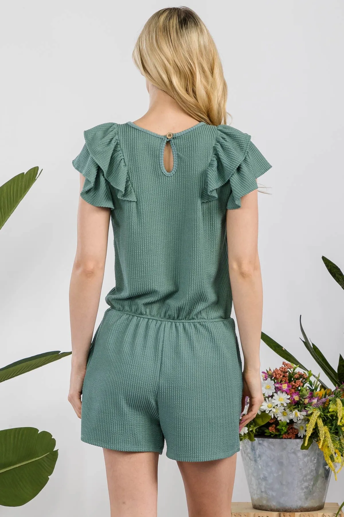 Women's Celeste Full Size V-Neck Ruffled Ribbed Romper