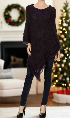 Womens Fringed Sweater Poncho, Pull Over Poncho, Cozy Sweater Shawl, Size OS, Solid Black