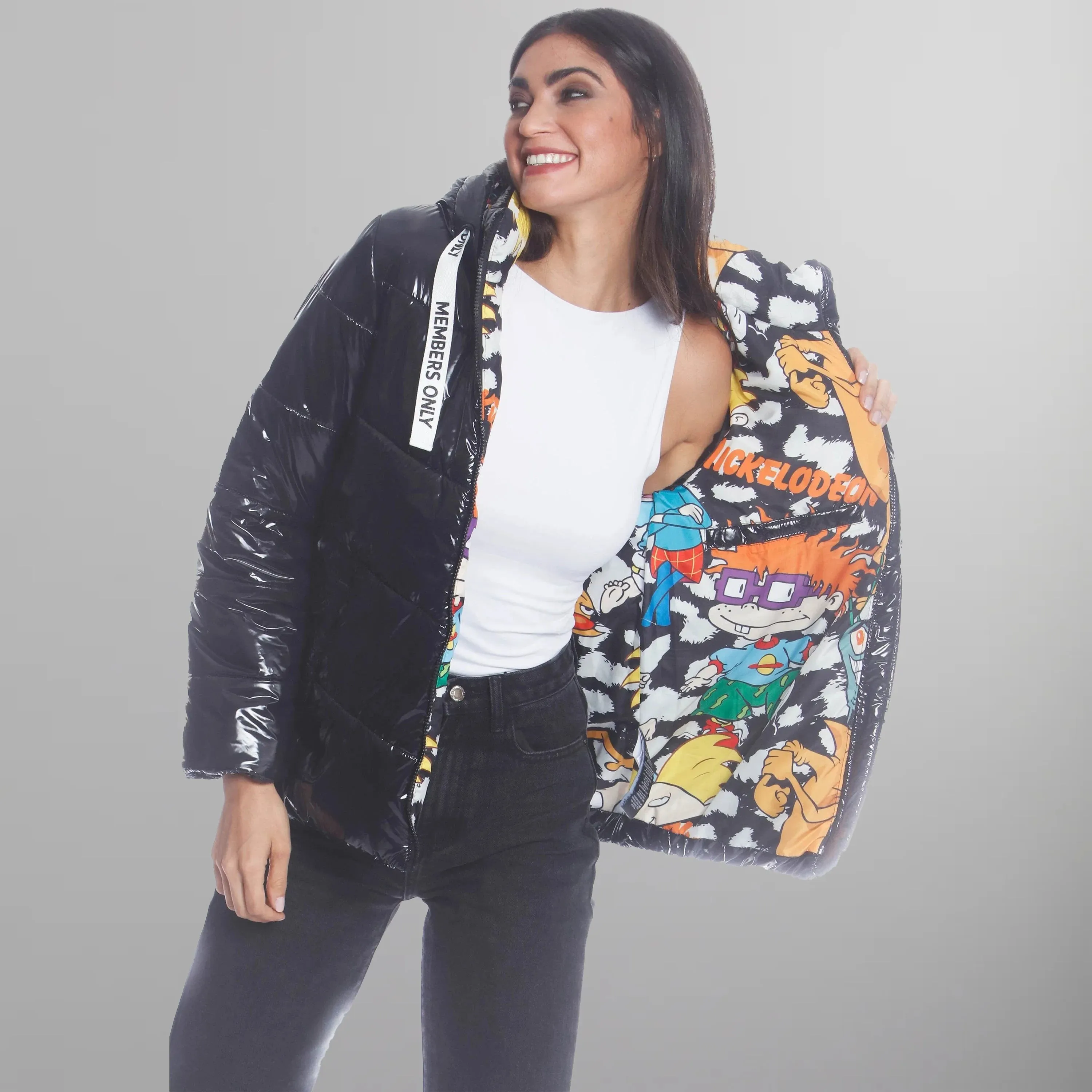 Women's Hi-Shine Chevron Quilt Puffer with Nickelodeon Mashup Print Lining Jacket - FINAL SALE