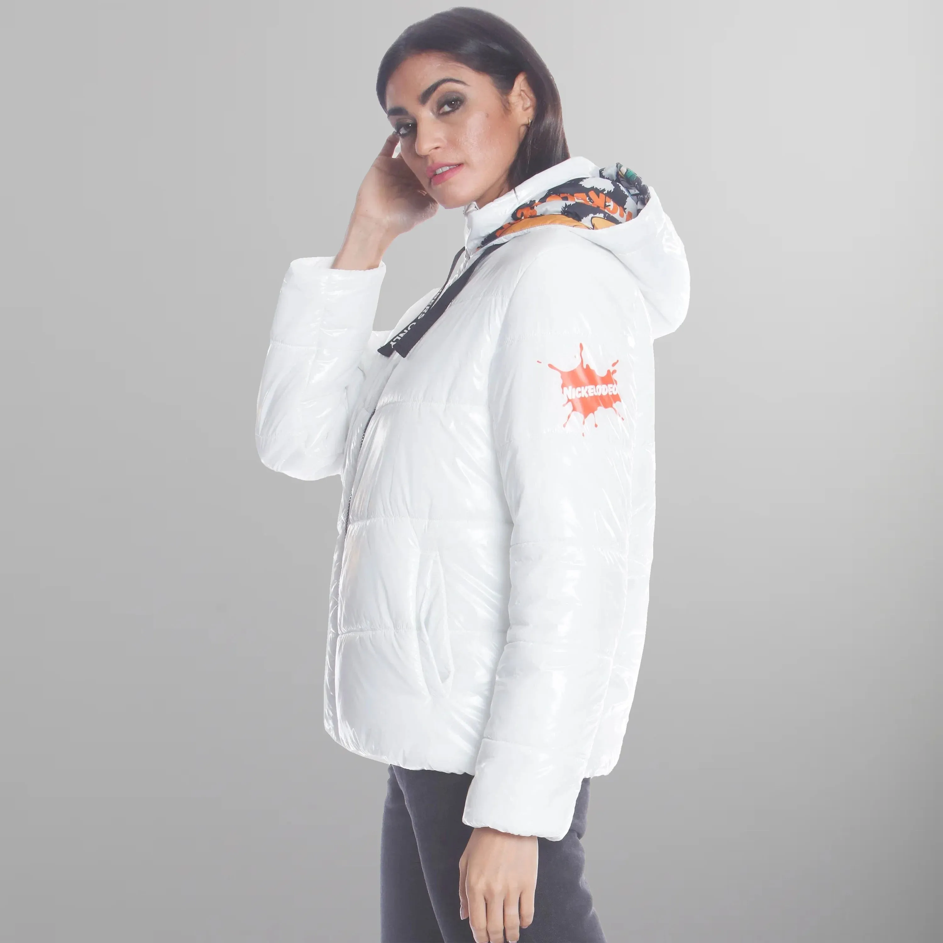Women's Hi-Shine Chevron Quilt Puffer with Nickelodeon Mashup Print Lining Jacket - FINAL SALE