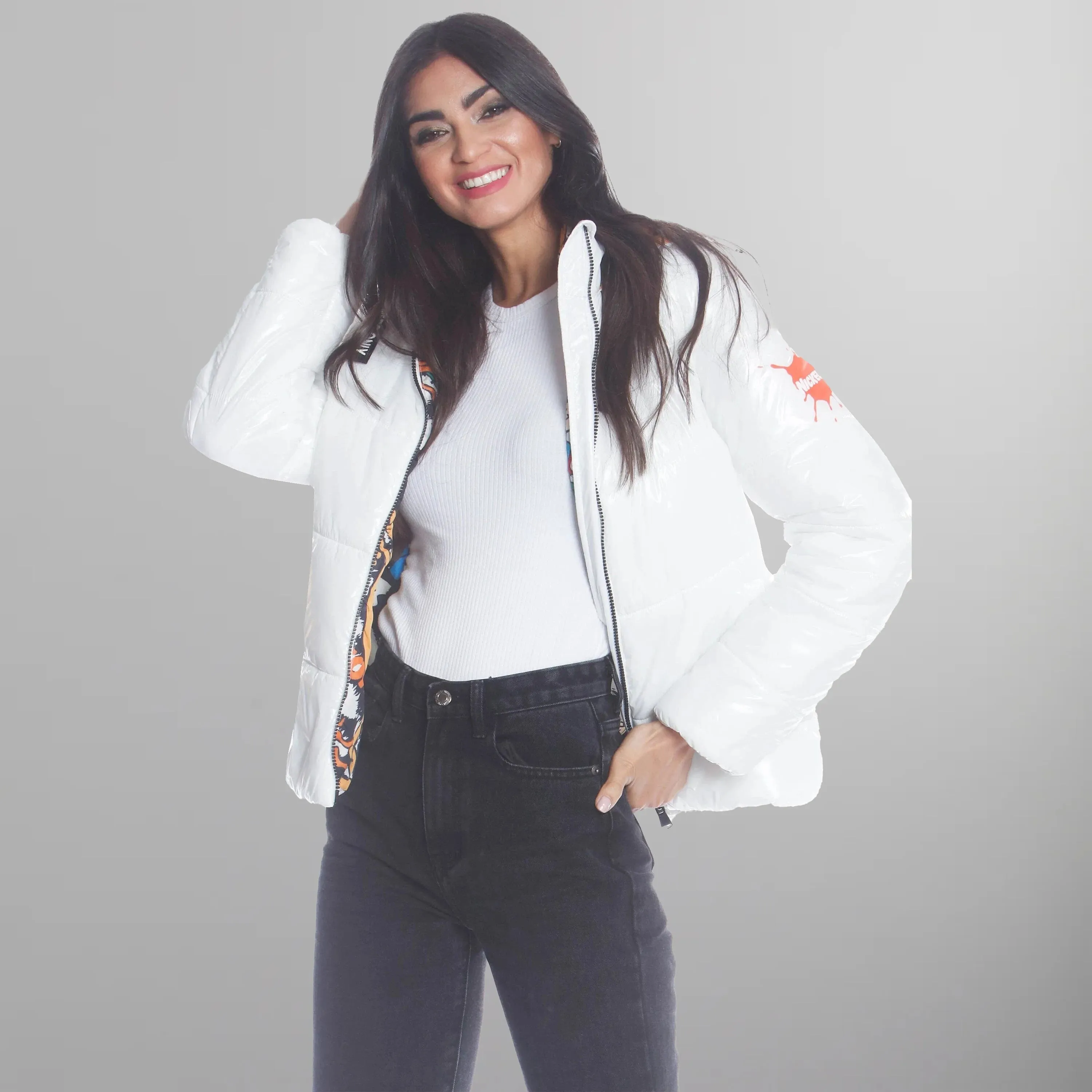 Women's Hi-Shine Chevron Quilt Puffer with Nickelodeon Mashup Print Lining Jacket - FINAL SALE