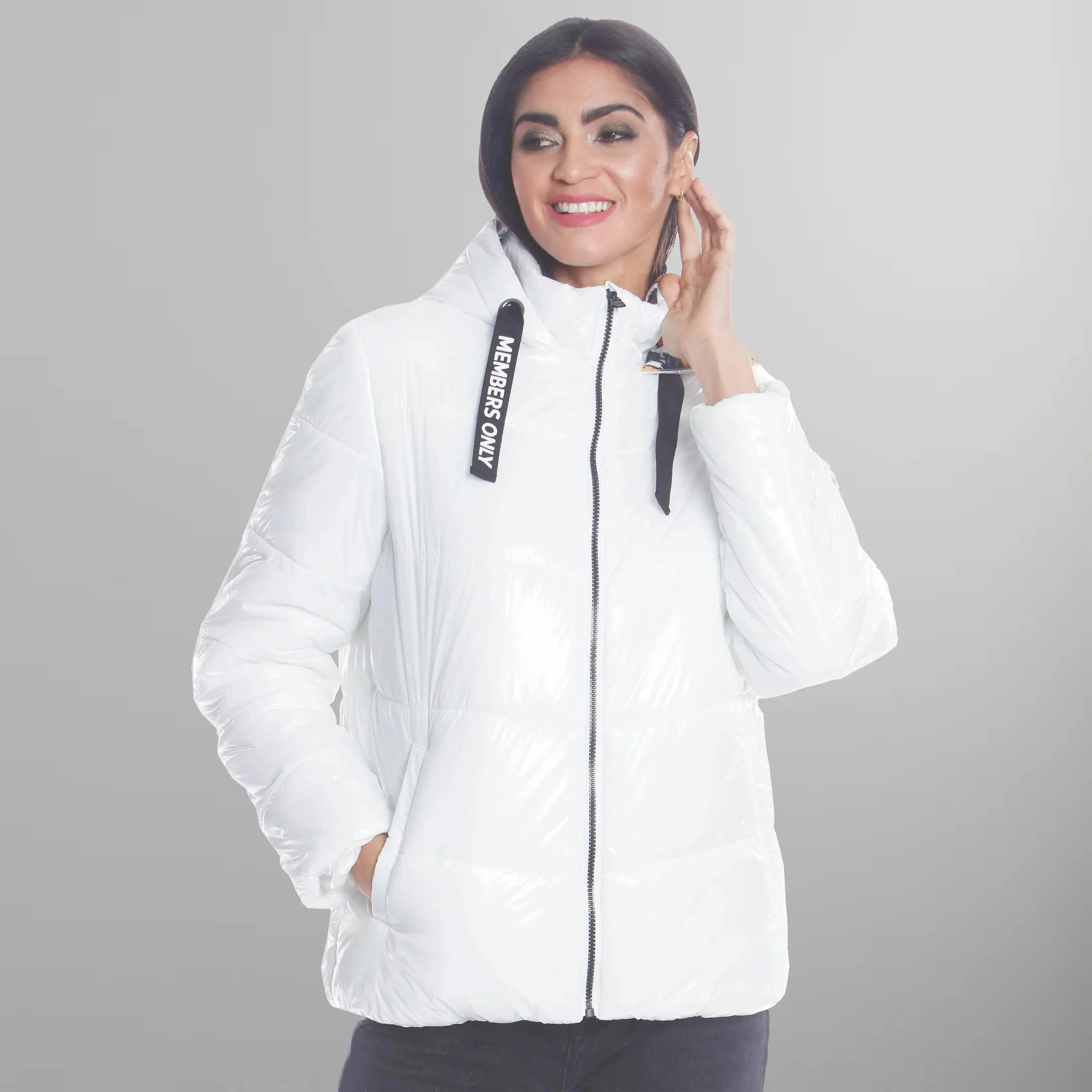 Women's Hi-Shine Chevron Quilt Puffer with Nickelodeon Mashup Print Lining Jacket - FINAL SALE