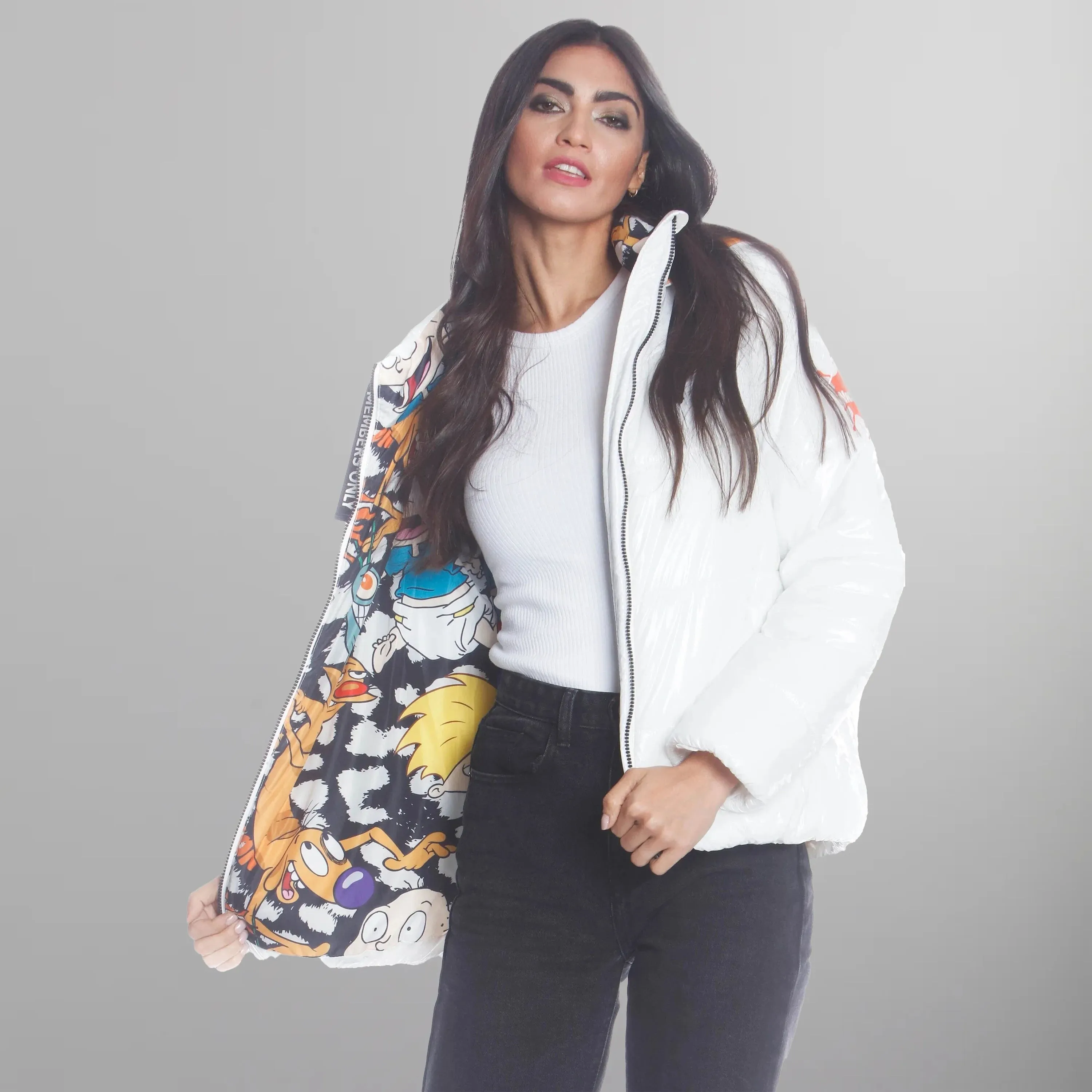 Women's Hi-Shine Chevron Quilt Puffer with Nickelodeon Mashup Print Lining Jacket - FINAL SALE