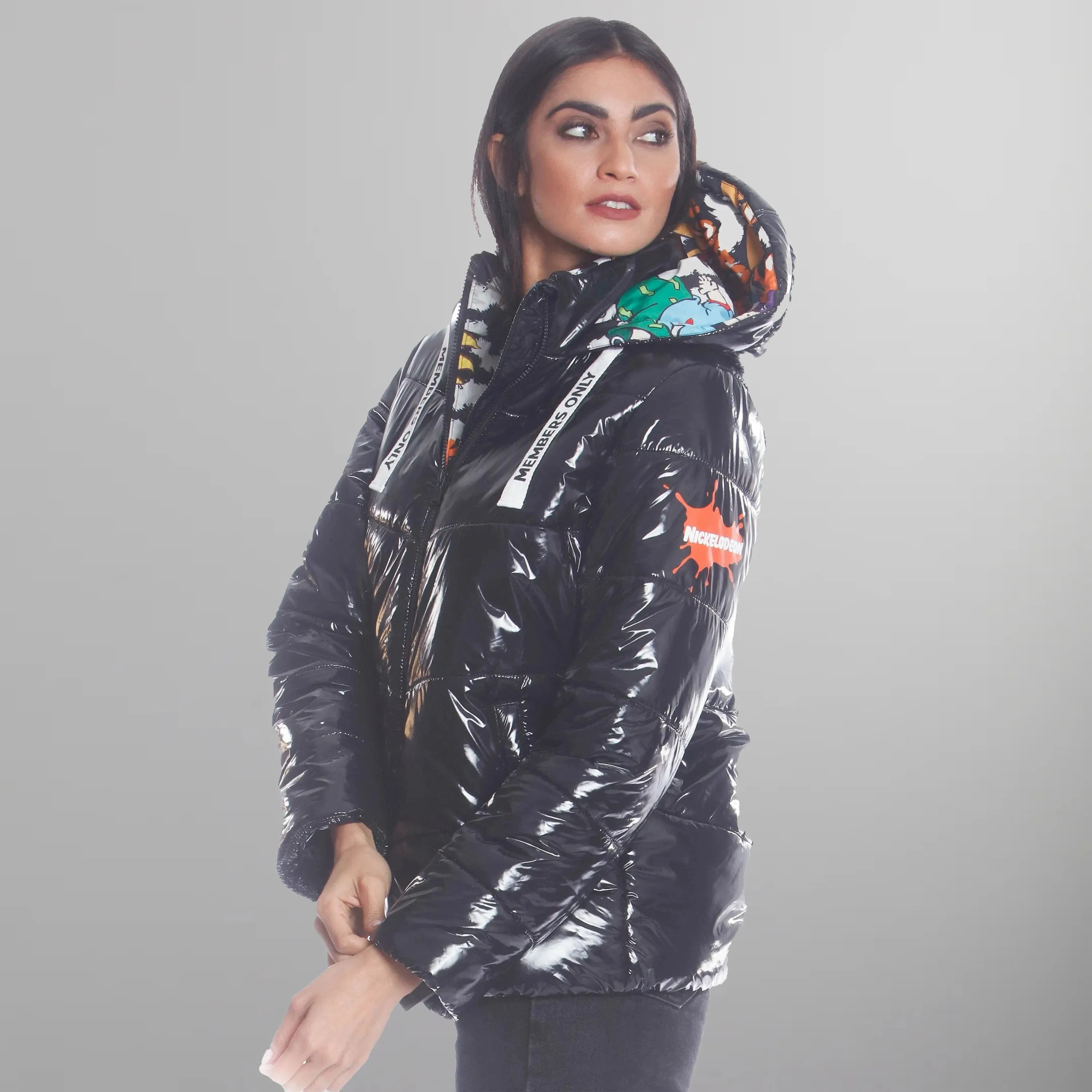 Women's Hi-Shine Chevron Quilt Puffer with Nickelodeon Mashup Print Lining Jacket - FINAL SALE