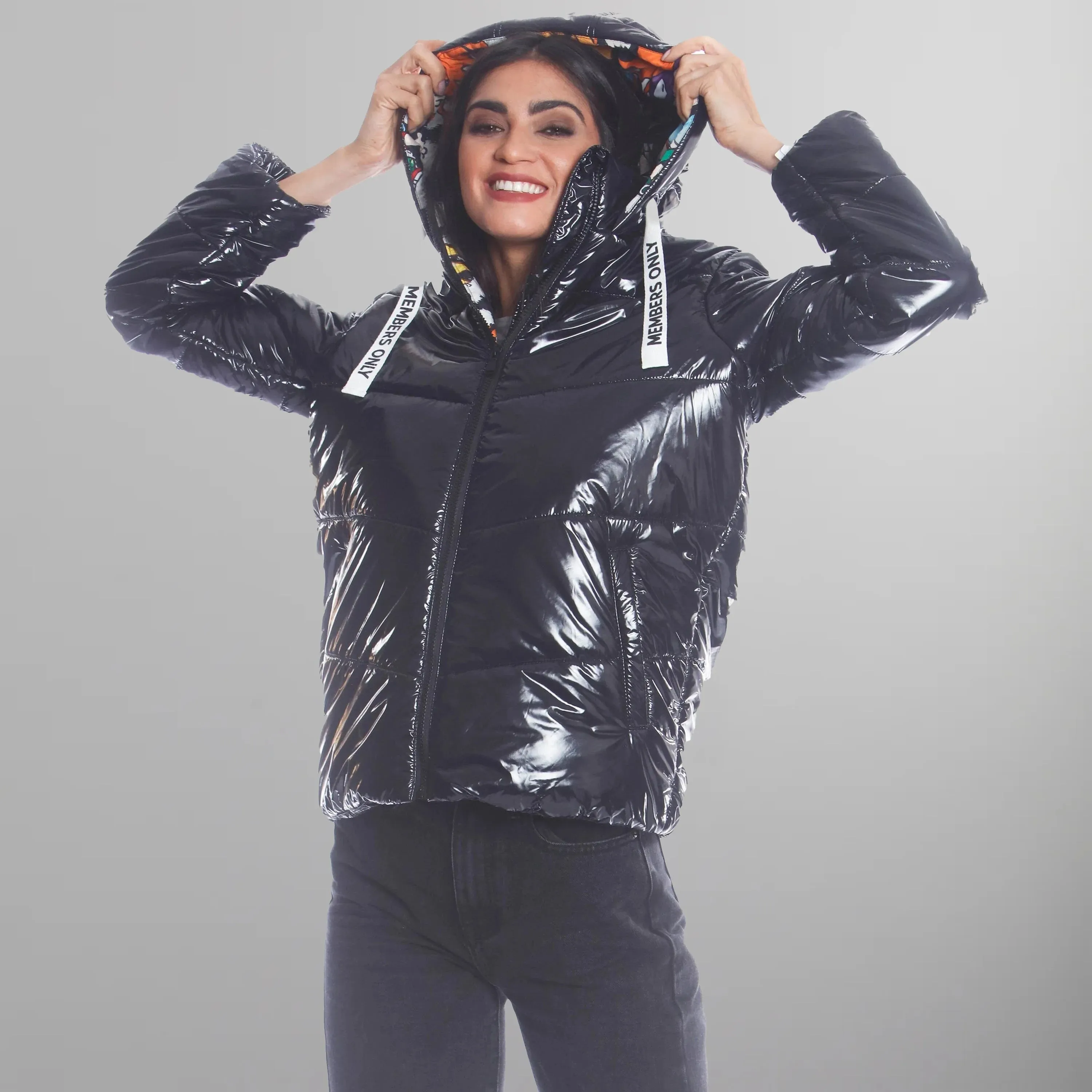 Women's Hi-Shine Chevron Quilt Puffer with Nickelodeon Mashup Print Lining Jacket - FINAL SALE