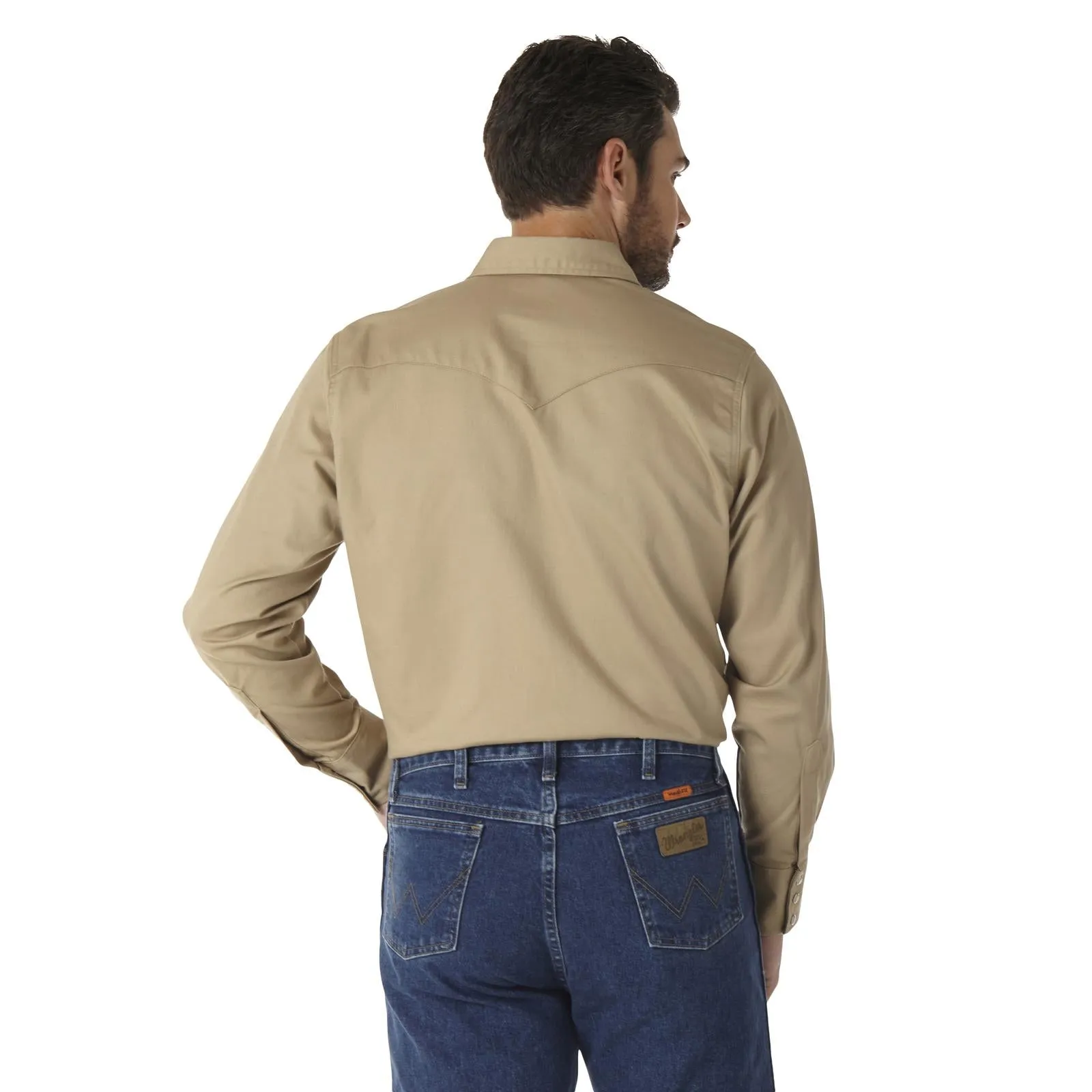 Wrangler FR Flame Resistant Long Sleeve Twill Solid Snap Shirt, FR12140, Khaki