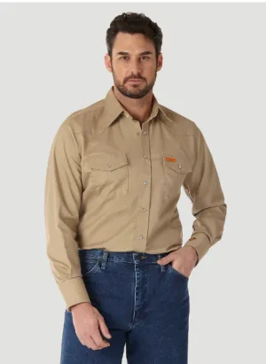 Wrangler FR Flame Resistant Long Sleeve Twill Solid Snap Shirt, FR12140, Khaki