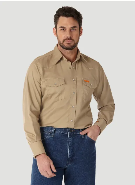 Wrangler FR Flame Resistant Long Sleeve Twill Solid Snap Shirt, FR12140, Khaki
