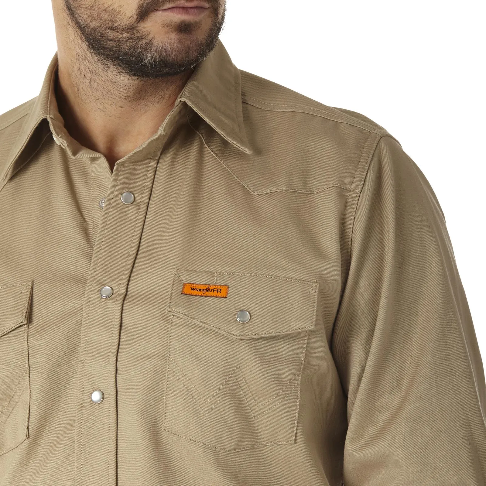 Wrangler FR Flame Resistant Long Sleeve Twill Solid Snap Shirt, FR12140, Khaki